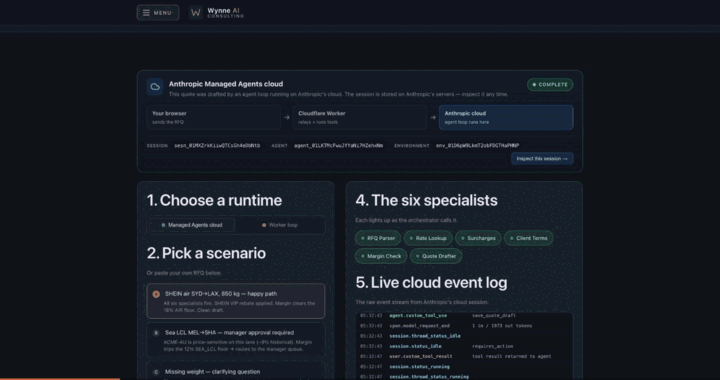 Live demo — Anthropic Managed Agents cloud session running the sales-quoting orchestrator, showing the agent loop, six specialists, and the raw event stream