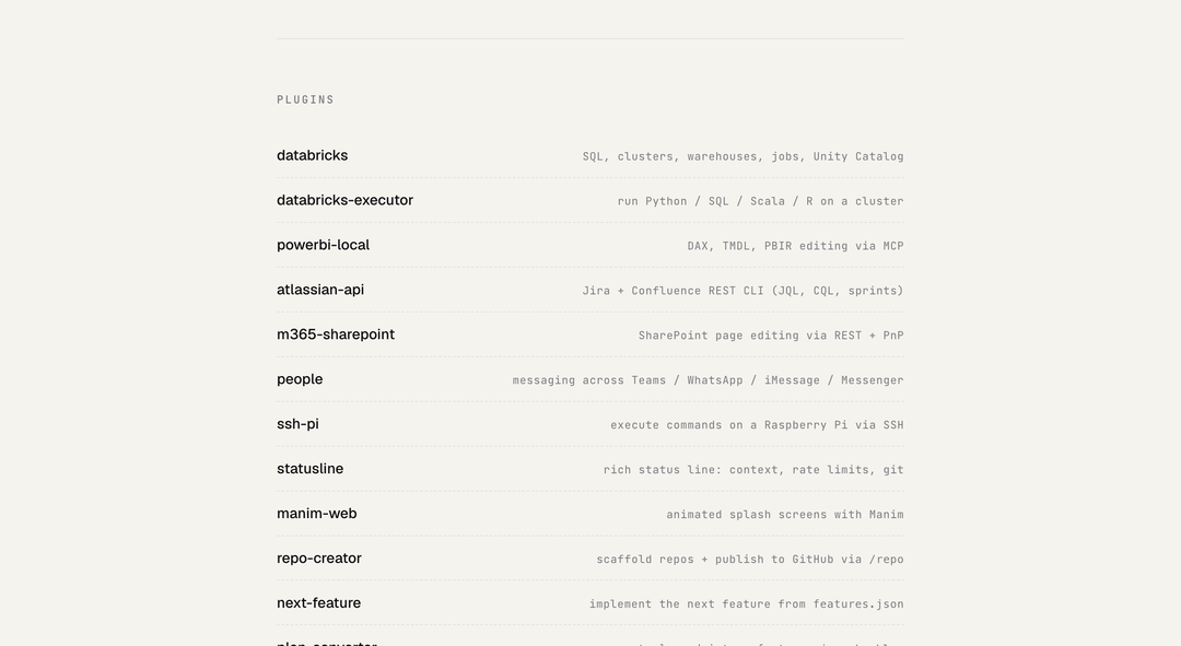 The liam plugin marketplace grid — 12 plugins for Databricks, Power BI, Atlassian, SharePoint, messaging, SSH, status line, and more